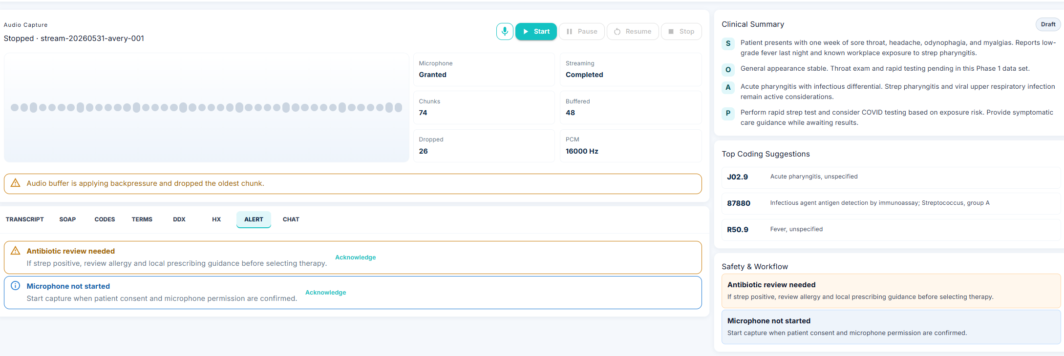DDxHelper ALERT tab showing safety and workflow alerts, including an antibiotic review notice and a microphone status alert, each with an acknowledge action