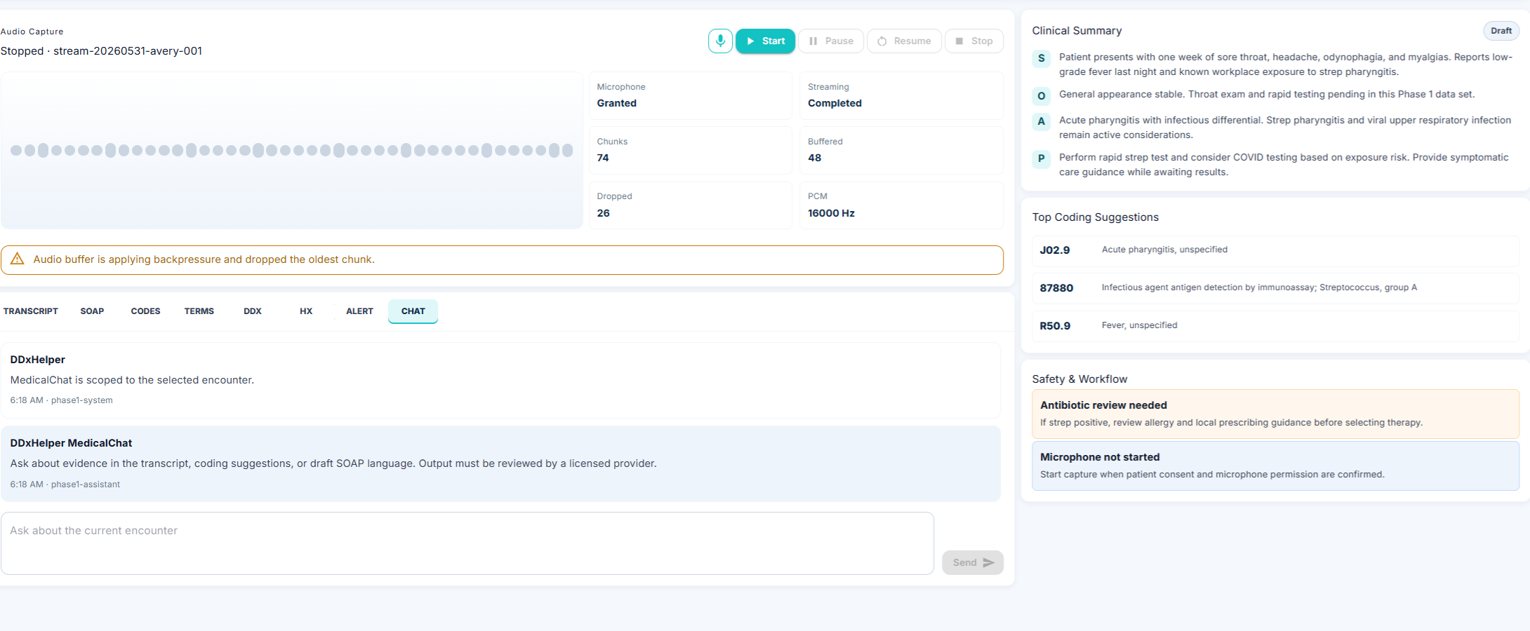 DDxHelper CHAT tab showing an encounter-scoped assistant that answers questions about transcript evidence, coding suggestions, and draft SOAP language, with a notice that output must be reviewed by a licensed provider