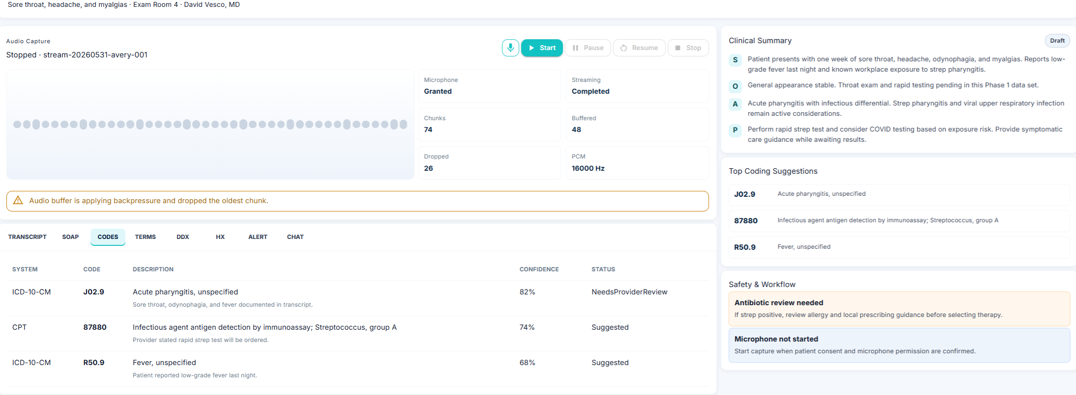 DDxHelper CODES tab showing ICD-10-CM and CPT coding suggestions with confidence percentages and review status, alongside the clinical summary panel