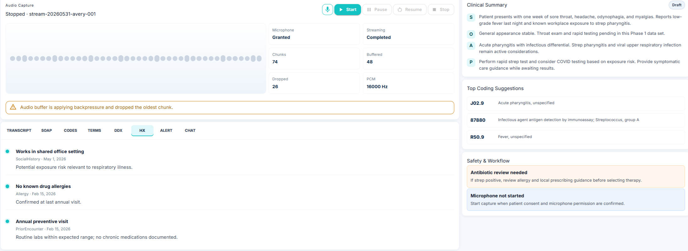 DDxHelper HX tab showing patient history items — social history, allergies, and a prior preventive visit — each with source and date
