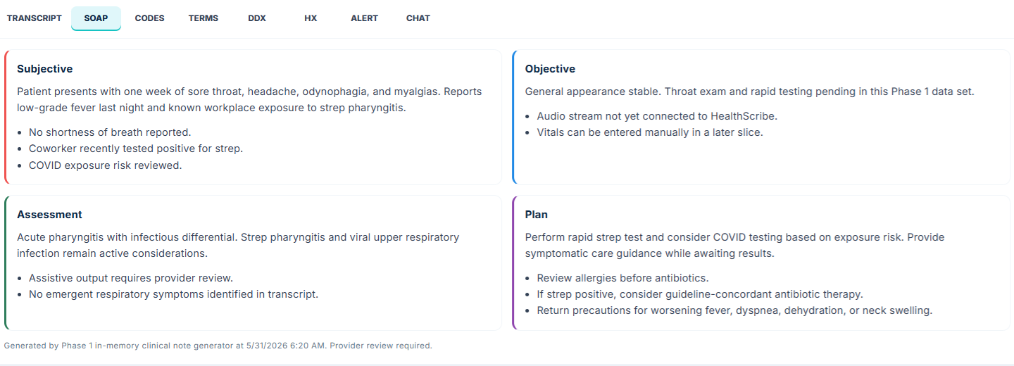 DDxHelper SOAP tab showing a draft note with Subjective, Objective, Assessment, and Plan sections, marked as requiring provider review