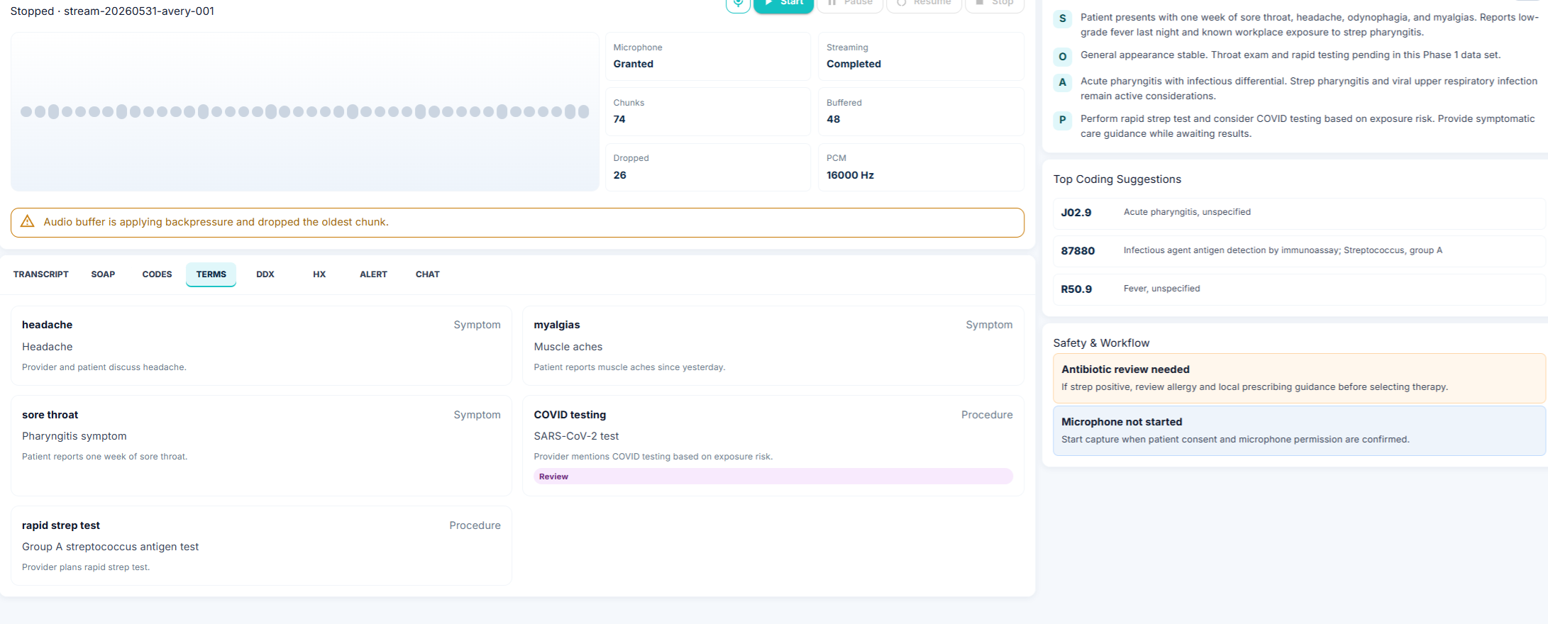 DDxHelper TERMS tab showing extracted medical terms such as headache, myalgias, sore throat, COVID testing, and rapid strep test, categorized as symptoms and procedures